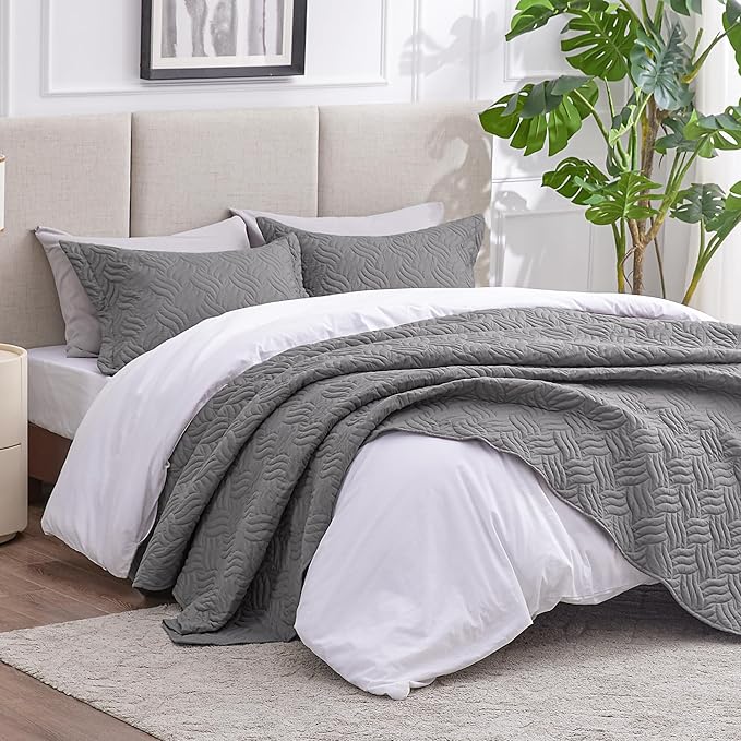 Love's cabin Quilts for Full Bed Grey Bedspreads Bedding Set - Lightweight Bedspread Comforter - Wave Pattern Bedding Coverlet for All Season - 3 Pieces (1 Quilt, 2 Pillow Shams)
