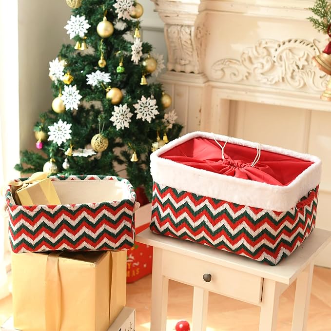 INough Christmas Ornament Storage Box Holiday Decoration Organizer, Knitted with Bulky Yarn Christmas Basket for Kids Collapsible Gifts Baskets Empty with Handles Ornament Storage Box