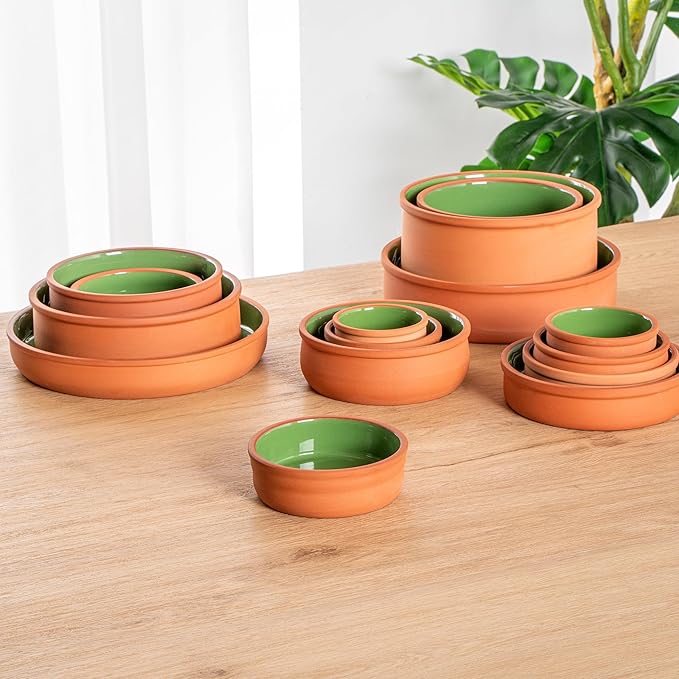 Restaurantware-Terra Tek 6.8 Ounce Terracotta Cazuelas, 2 Green Glazed Clay Pots For Cooking - Oven-Ready, Microwavable, Terracotta Serving Pots, Dishwashable, For Cooking And Serving
