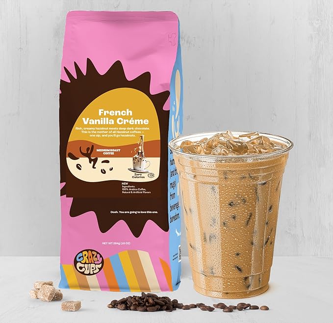 Crazy Cups Flavored Ground Coffee, French Vanilla Creme, in 10 oz Bag, For Brewing Flavored Hot or Iced Coffee