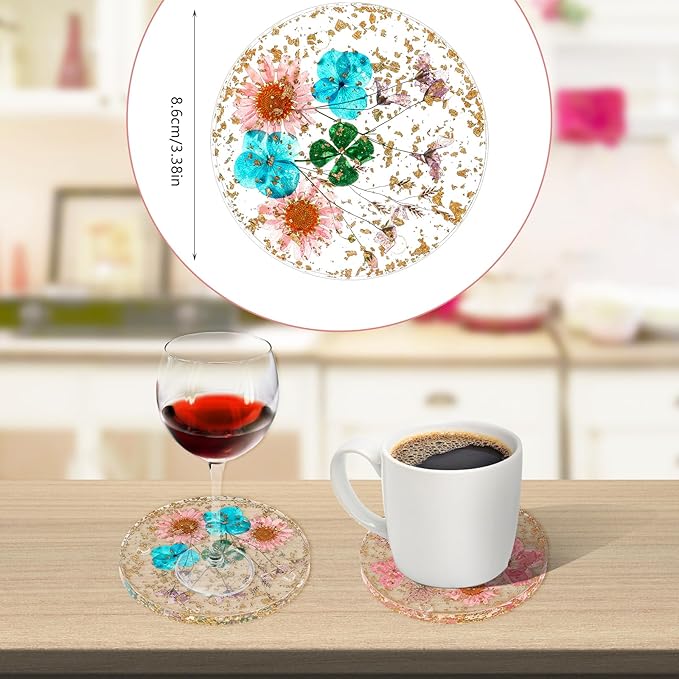 2 Pack Dried Floral Coasters, Flower Drink Resin Coasters Non-SlipDrink Cup Mat for Tabletop Protection Reusable Round Kitchen Utensils for Dining Cups Coffee Bar Mugs Table Wooden Desk