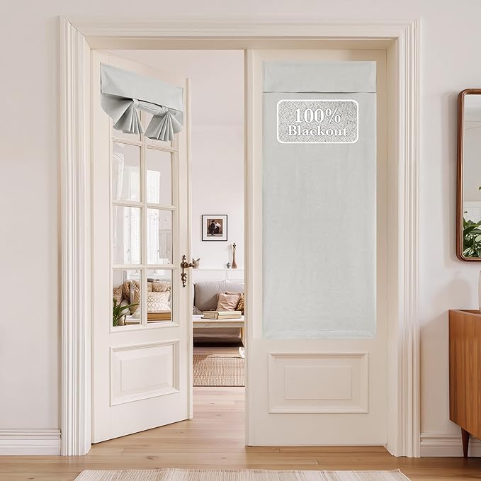 NICETOWN 100% Blackout Linen Door Curtains for Window, Privacy French Door Blinds 69 Inches Long for Kitchen Living Room, Room Darkening Tie Up Shade, 1 Panel, 36W x 69" L, Greyish White