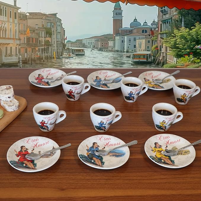 Lorren Home Porcelain Espresso Cups and Saucers, Vespa Scene Design, 3 Oz, Set of 6