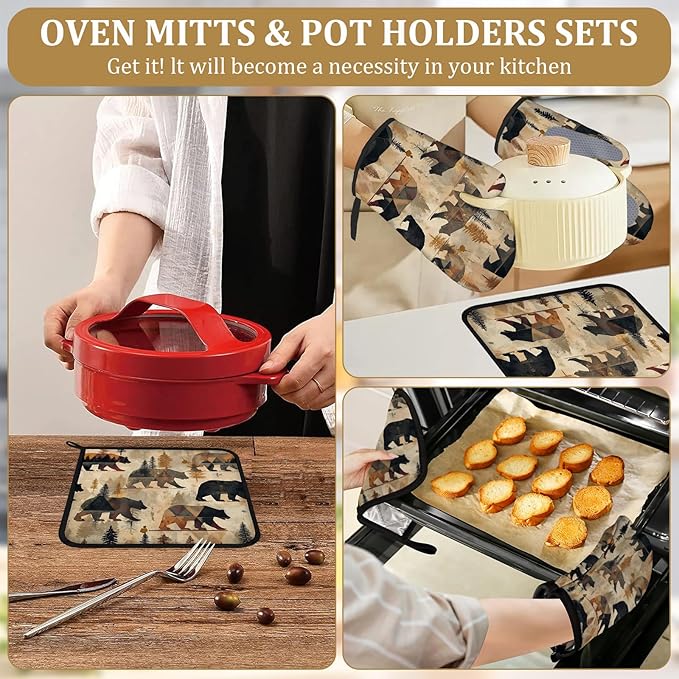 Vintage Rustic Bear Oven Mitts and Pot Holders Sets 4Pcs Forest Animal Silicone Kitchen Gloves Heat Resistant Potholders for Baking Cooking Grilling BBQ