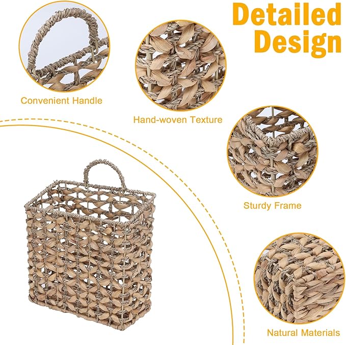 Magazine Holder, Woven Magazine Rack, Hanging Wall Basket with Handle, Rattan File Holder, Wall Mounted Storage Basket for Letters, Magazines, Books, Newspapers, Home & Office Organizer