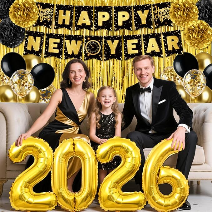 New Year Decorations 2026, Black Gold New Years Eve Party Supplies 2026 with Happy New Year Banner Photo Booth Props Fringe Curtains 32inch 2026 Balloons for Happy New YearS Decorations 2026