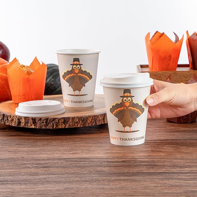 Restaurantware-Restpresso 12 Ounce Thanksgiving Party Cups, 400 Disposable Hot Cups With Plastic Lids - Turkey Design, Rolled Rim, Paper Coffee Cups, Single Wall, Serve Hot And Cold Drinks