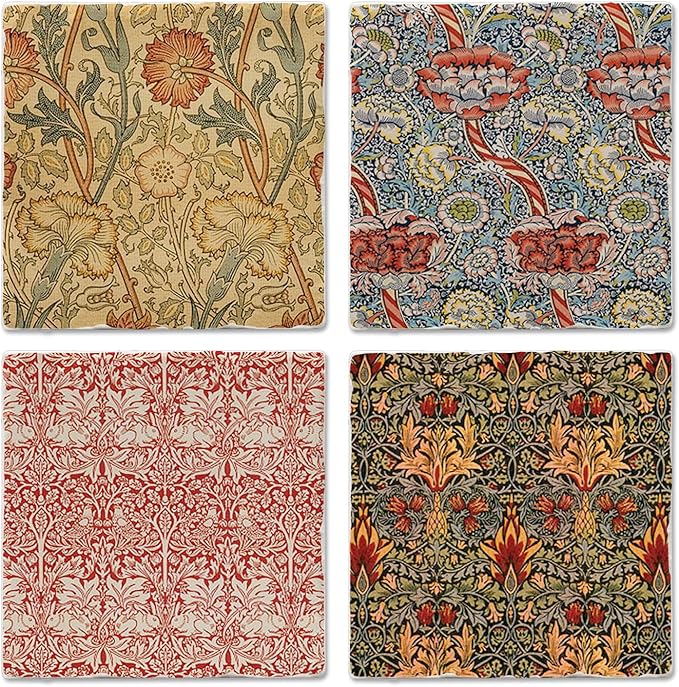 Thirstystone William Morris Textiles 4 Pack Assorted Tumbled Tile Stone Coasters with Protective Cork Backing Manufactured in The USA Absorbent Easily Wipes Clean