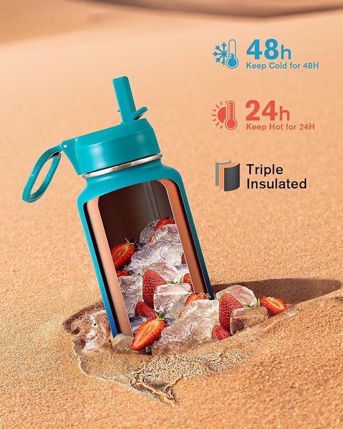Coolflask Water Bottle 32 oz Insulated with Straw, Stainless Steel Metal 3 Lids Water Flask Wide Mouth for Sports or Office, Non-BPA Keep Cold Up to 48 Hrs or Hot Up to 24 Hrs, Indigo Blue