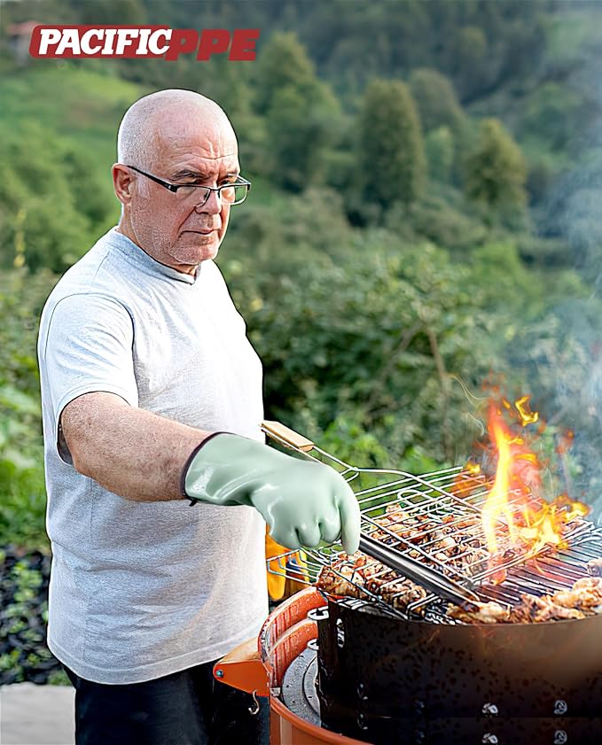 PACIFIC PPE Heat Resistant Oven Gloves, Food Grade Safety Gloves with Thickened Waterproof Silicone Coating for Cooking, Grilling, Baking, Smoker, Green, M/8