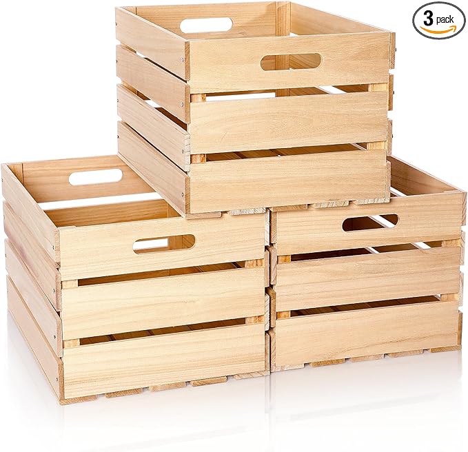 Weysat 3 Pack Large Wood Crates Box for Storage 16 x 12 x 9.5 Inches Unassembled Wooden Milk Crates with Handle Decorative Nesting Box for Winter Display Rustic DIY Office Home Retail Art Craft (Wood)