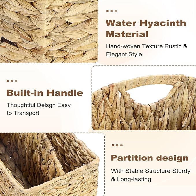 BTSKY Woven Magazine Holder, 2-Section Water Hyacinth Magazine Basket, Natural Storage Basket Bin for Books & Files, Bathroom Magazine Rack with Built-in-Handle for Home, Office & Desk