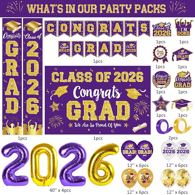 Graduation Decorations Class of 2026, Purple and Gold Graduation Decorations Include Grad Backdrop, Banner, Hanging Swirls, Porch Sign, Balloons for Congrats Grad Party Supplies