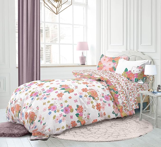 Jay Franco Hello Kitty Full Size Comforter Set - 7 Piece Bedding Includes Sheet Set & Pillow Covers - Super Soft Floral Bedding