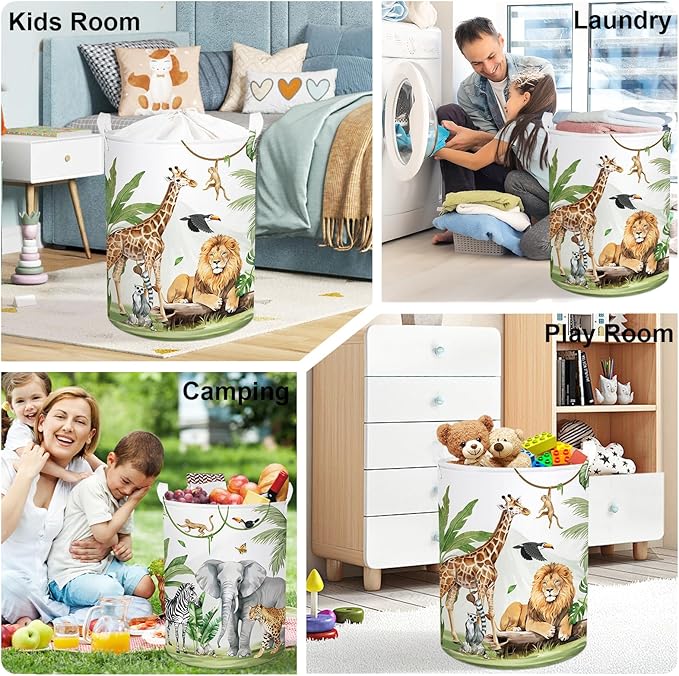 Safari Animals Baby Laundry Hamper Collapsible Clothes Kids Storage Basket Giraffe Lion Large Boys Girls Gift Toy Box Bin for Nursery, Monkey, 63L