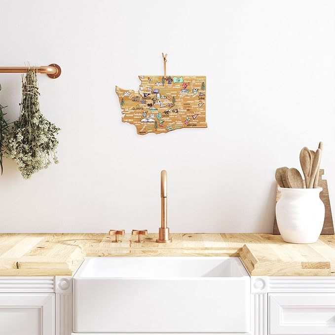 Totally Bamboo Washington State Shaped Cutting Board and Charcuterie Serving Platter with Artwork by Fish Kiss, Includes Hang Tie for Wall Display