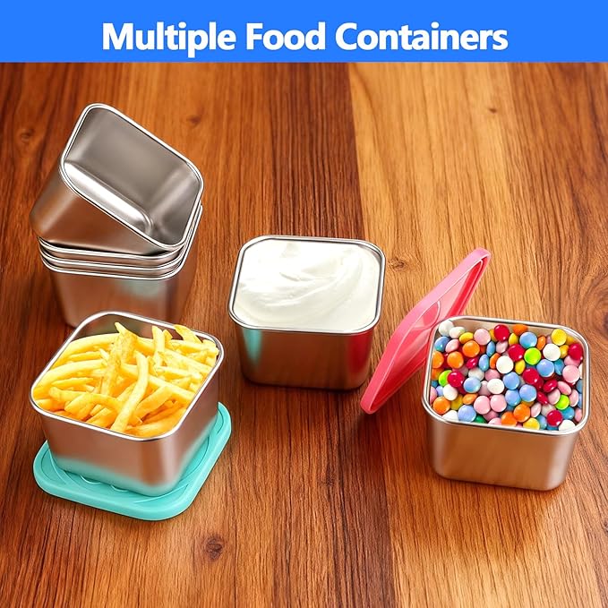 6 oz Stainless Steel Snack Containers with Lids - 8 Pack Meal Prep Lunch Boxes, LeakProof Metal Snack Containers, Stackable Dip Cups for Fruit, Cookie, Candy, Sauce