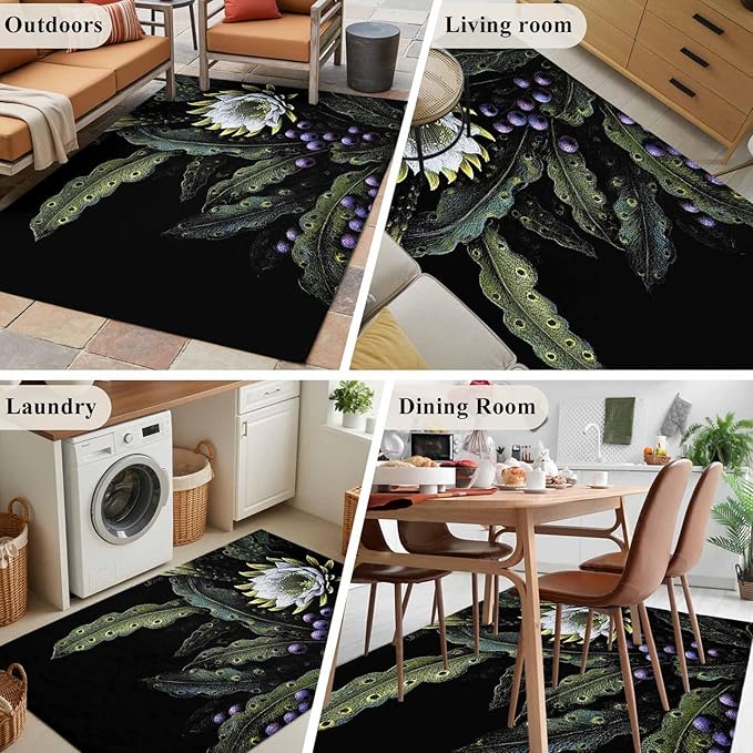 Area Rug 3x5ft, Watercolor Flower Berry Leaves Washable Rugs for Living Room Bedroom, Botanical Plant Dark Style Soft Non-Slip Area Rugs Rectangle Floor Carpet for Dining Room