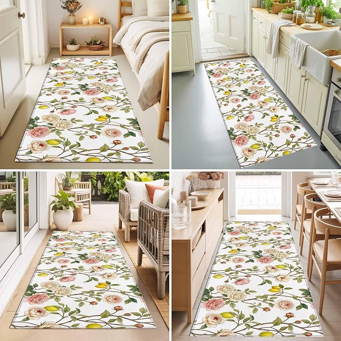 Runner Rug for Bedroom Hallway, Country Blossom Flower Plant Kitchen Runner Rugs Area Rug 2x6ft, Summer Lemon Leaf Seamless Washable Soft Floor Carpet for Entryway Stair