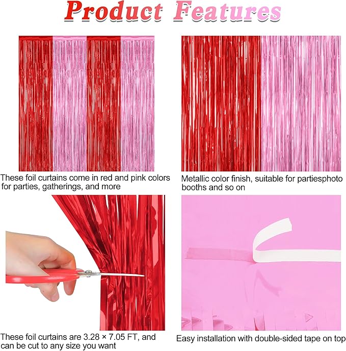 2 Pack Backdrop Curtains, 3.28 Feet x 7.05 Feet Red Pink Backdrop, Metallic Fringe Curtains Tinsel Backdrop Party Streamer, Babie Backdrop Valentines Day Happy Birthday Party Supplies Decorations