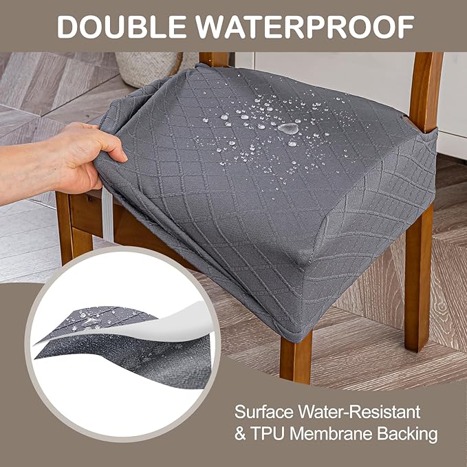 Genina Waterproof Seat Covers for Chairs,Set of 2 Dining Room Chair Seat Covers for Kitchen,Stretch Jacquard Removable Washable Dining Chair Slipcovers Protectors,No Rear Covers, Dark Grey