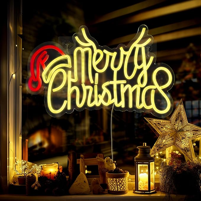 KatchOn, Large Merry Christmas Neon Signs - 16x10 Inch | Window Christmas Decorations Indoor | Xmas Party Decorations, Holiday Decor | Santa Hat Sign USB Powered LED Lights