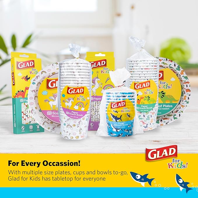 Glad for Kids Shark Paper Snack Bowls, Lids Not Included - Heavy Duty, Soak-Proof, Microwavable Kid-Friendly Disposable Snack Cups, No Lids Included, 12 Ounce, 20 Count