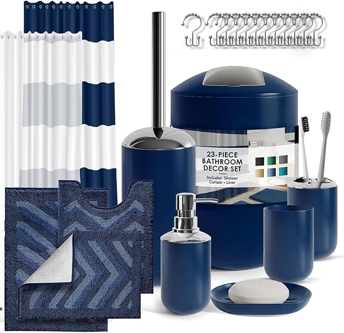 Clara Clark Bathroom Accessories Set - 23PC Shower Curtain Set with Bathroom Trash Can, Navy Bathroom Set, Bathroom Sets with Shower Curtain and Navy Rugs