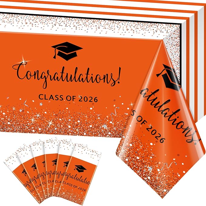 6 Pack Class of 2026 Graduation Tablecloths,Foil Dot Plastic Disposable Rectangle Table Covers for 2026 High School University College Graduation Party Decorations,108*54 Inch (Orange and Black)