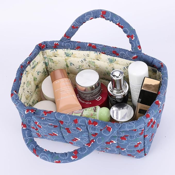 Quilted Fabric Storage Basket Floral Baby Diaper Caddy Quilted Basket for Nursery Bedroom Car Storage