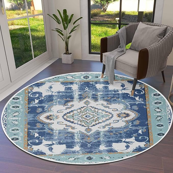 Round Area Rug,Abstract Flower Ethnic Tribal Style Circle Living Room Rug Non-Slip Rugs Indoor Carpet,Retro Blue Floral Soft Comfort Rugs for Bedroom KidsRoom Nursery