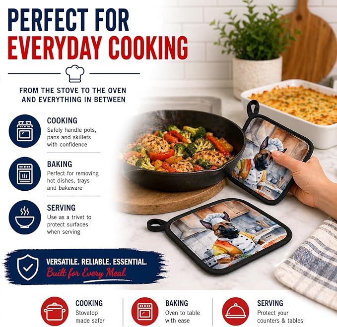 Caroline's Treasures Belgian Malinois The Chef Pair of Pot Holders Kitchen Heat Resistant Pot Holders Sets Oven Hot Pads for Cooking Baking BBQ, 7 1/2 x 7 1/2