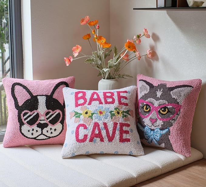 Cool French Bulldog with Glasses Wool Hook Pillow by The Pillow Shoppe, 16" Square
