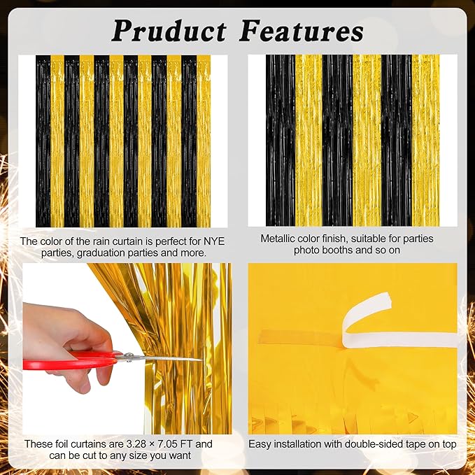 2 Pack Graduation Backdrop, 3.28 FT x 7.05 FT Black and Gold Foil Fringe Curtains, Metallic Foil Curtain Graduation Backdrop, Grad Party Supplies Black and Gold Party Decorations Class of 2026