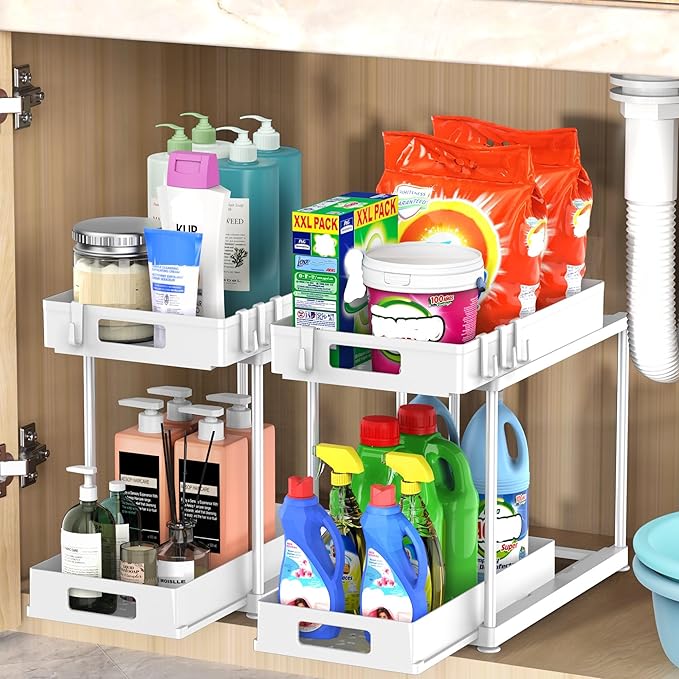 2 Pack Under Sink Organizer with Pull-Out Drawer, 2-Tier Cabinet Storage for Kitchen & Bathroom, Fits Cleaning Supplies & Toiletries, Space Saving for Small Cabinets, Double-layer Sliding White