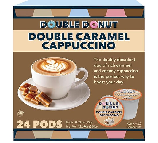 Double Donut Coffee Cappuccino Pods, Caramel Cappuccino, Single Serve for Keurig K Cups Brewers, 24 Count