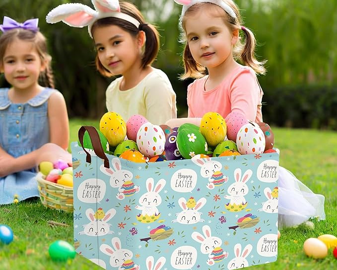 Large Rectangular Easter Baskets Empty Waterproof Boy Toy Box Foldable Kid's Gifts Storage Bin Spring Room Decor(Flower Rabbit Holding Egg)
