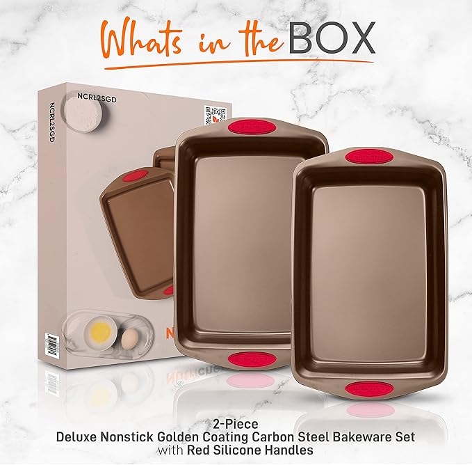 NutriChef 2-Piece Baking Pan Set - Premium Non-Stick Coating Carbon Steel Bakeware w/ Silicone Handles - PFOA, PFOS, PTFE Free Kitchen Oven Bake Tray, Cookie Sheets - Bronze, 17.3"x11.4"x1.2"