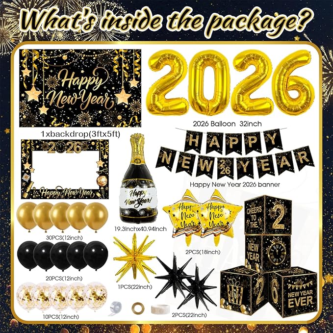 2026 New Years Decorations Black and Gold New Years Eve Balloons 2026 Banner Backdrop,Photo Booth Props,4pcs Cards Boxes Kit for 2026 Eve Party Supplies in Indoor or Outdoor