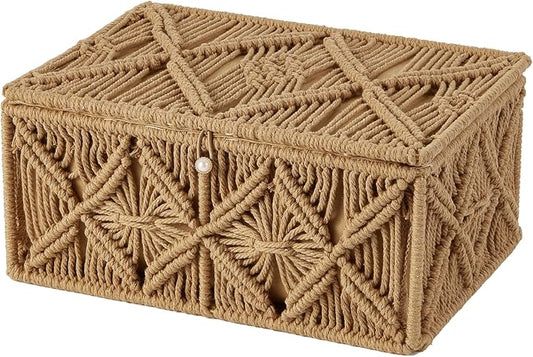 Decorative Boho Storage Baskets with Lid Bohemian Macrame Jewelry Box Handmade Natural Cotton Rope Woven Bins Memory Keepsake Photo Makeup Organizer Shelf Container (Khaki, Large)