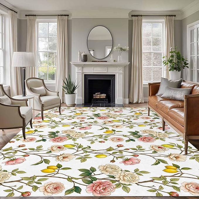 Area Rug 8x10ft, Country Blossom Flower Plant Washable Rugs for Living Room Bedroom, Summer Lemon Leaf Seamless Soft Non-Slip Area Rugs Rectangle Floor Carpet for Dining Room