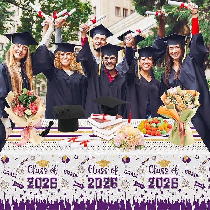 Graduation Decorations Class of 2026 Tablecloth - 3 Pcs Plastic Congrats Grad Table Cloth, Graduation Table Cover for Graduations Party Decorations 2026 and Party Supplies, 54"x108" (Purple and Gold)