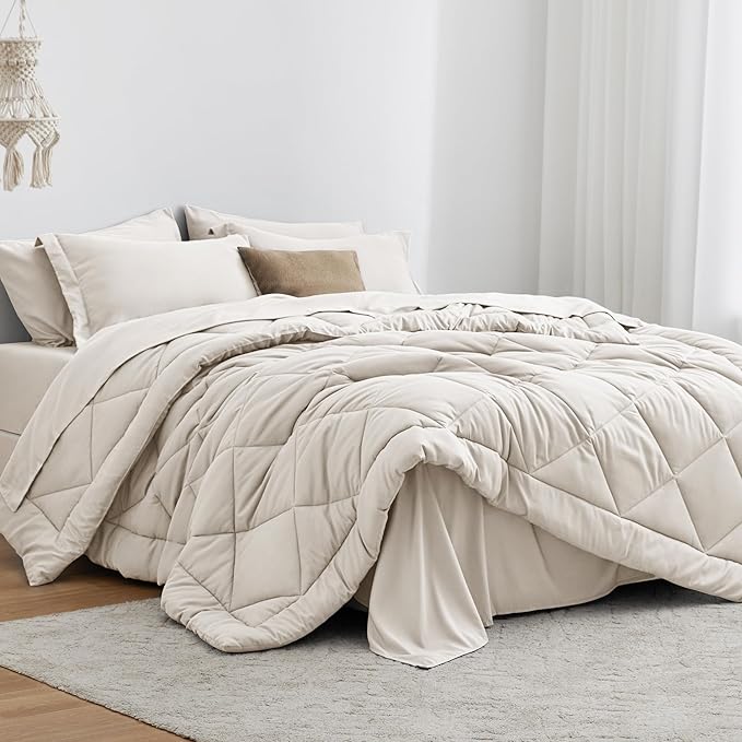 Love's cabin Full Comforter Set Off White, 7 Pieces Full Bed in a Bag, All Season Bedding Sets with 1 Comforter, 1 Flat Sheet, 1 Fitted Sheet, 2 Pillowcase and 2 Pillow Sham | Soft, Breathable, Lightweight, Comfortable