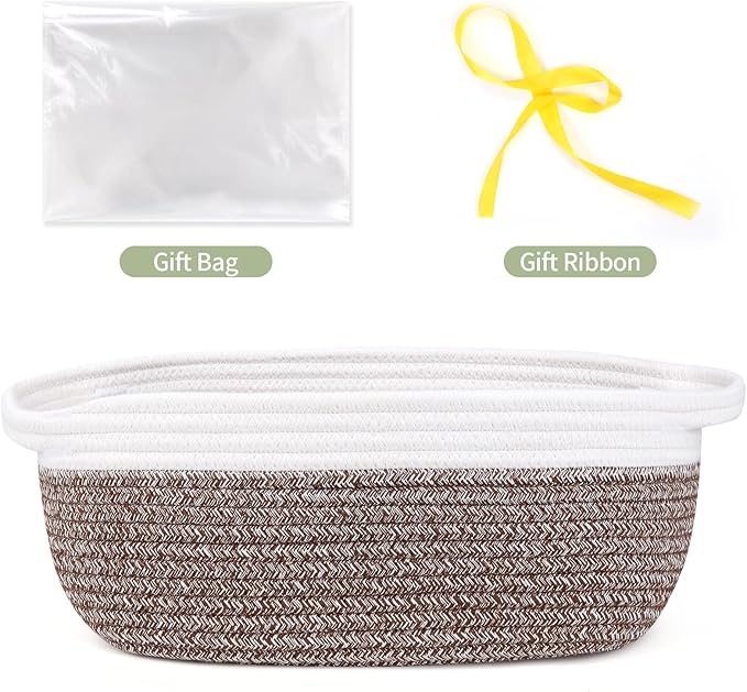 Empty Gift Basket to Fill with Handles, 12x8x5 inch - Wicker Rope Basket for Baby Shower, Kids Toys，Decorative Woven Bin for Man, Boys With Gift Bag & Ribbon,Resuable, White Brown