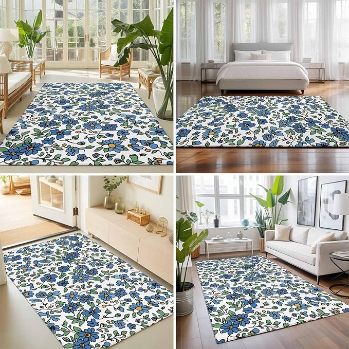 Area Rug 9x12ft, Blue Tiny Flowers Green Leaves Washable Rugs for Living Room Bedroom Rectangle Floor Carpet, Farmhouse Botanical Soft Non-Slip Area Rugs for Dining Room