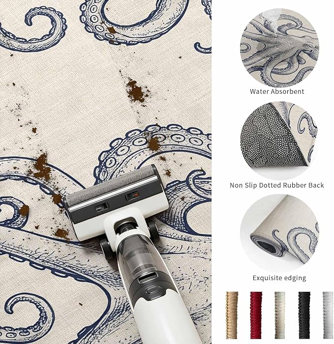 Area Rug 2x3ft, Marine Octopus Sea Monster Washable Rugs for Living Room Bedroom, Farmhouse Ocean Life on Linen Soft Non-Slip Area Rugs Rectangle Floor Carpet for Dining Room