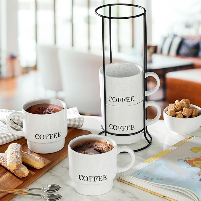 Signature Housewares Stackable Coffee Mug Tower Set with Metal Wire Rack - 15 Ounce Coffee Mugs for Coffee, Tea, Cocoa, Milk, Cappuccino, Hot Chocolate Set of 4 - White Coffee