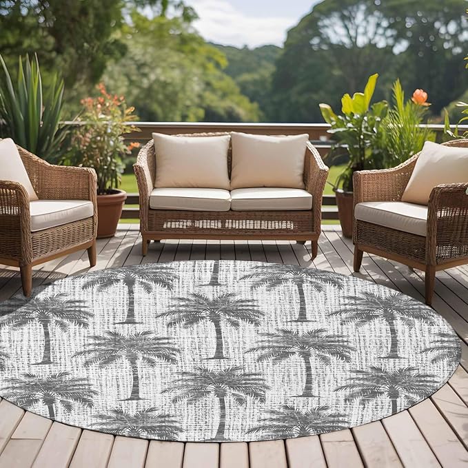 Washable Round Area Rug Summer Palm Tree Retro Linen Circle Rugs Floor Carpet for Living Room Bedroom, Tropical Gray Botanical Soft Non Slip Round Rug 5ft