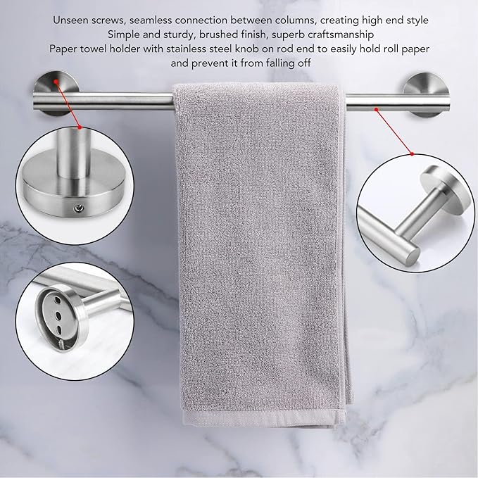Tyenaza Towel Bar, Bathroom Hardware Set with Towel Rings Towel Bar Tissue Holder 5 Hooks 304 Stainless Steel, for Bathroom, Kitchen, Living Room