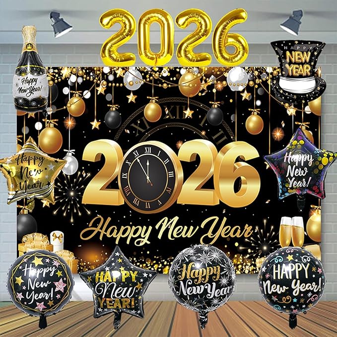 New Year's Eve Party Supplies 2026 Set, Black and Gold Decorations with Backdrop, Star Balloons, Foil Numbers, Party Hats and Bottle Accessories